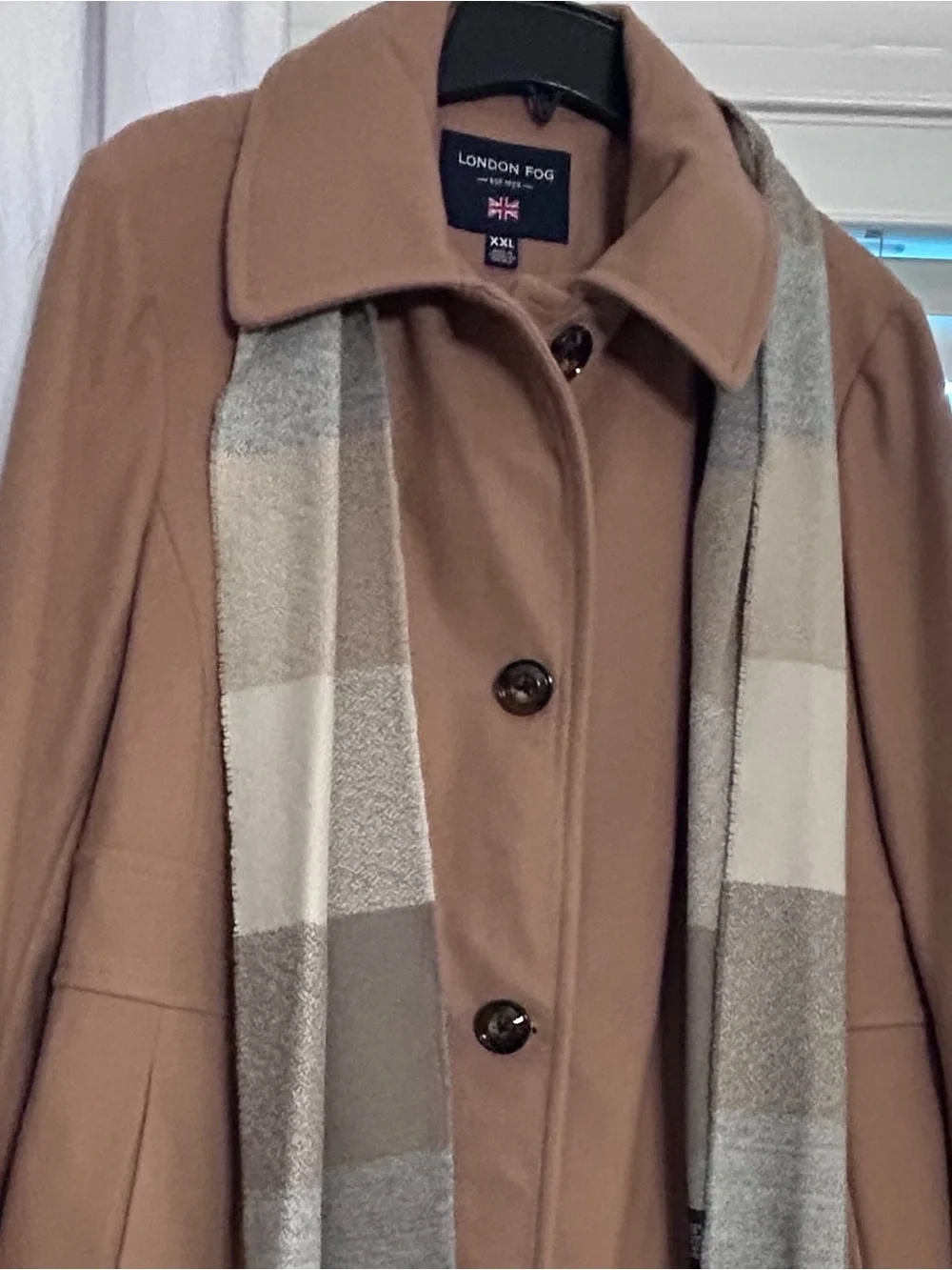 London Fog Women's Camel Wool-Blend Coat with Plaid Scarf